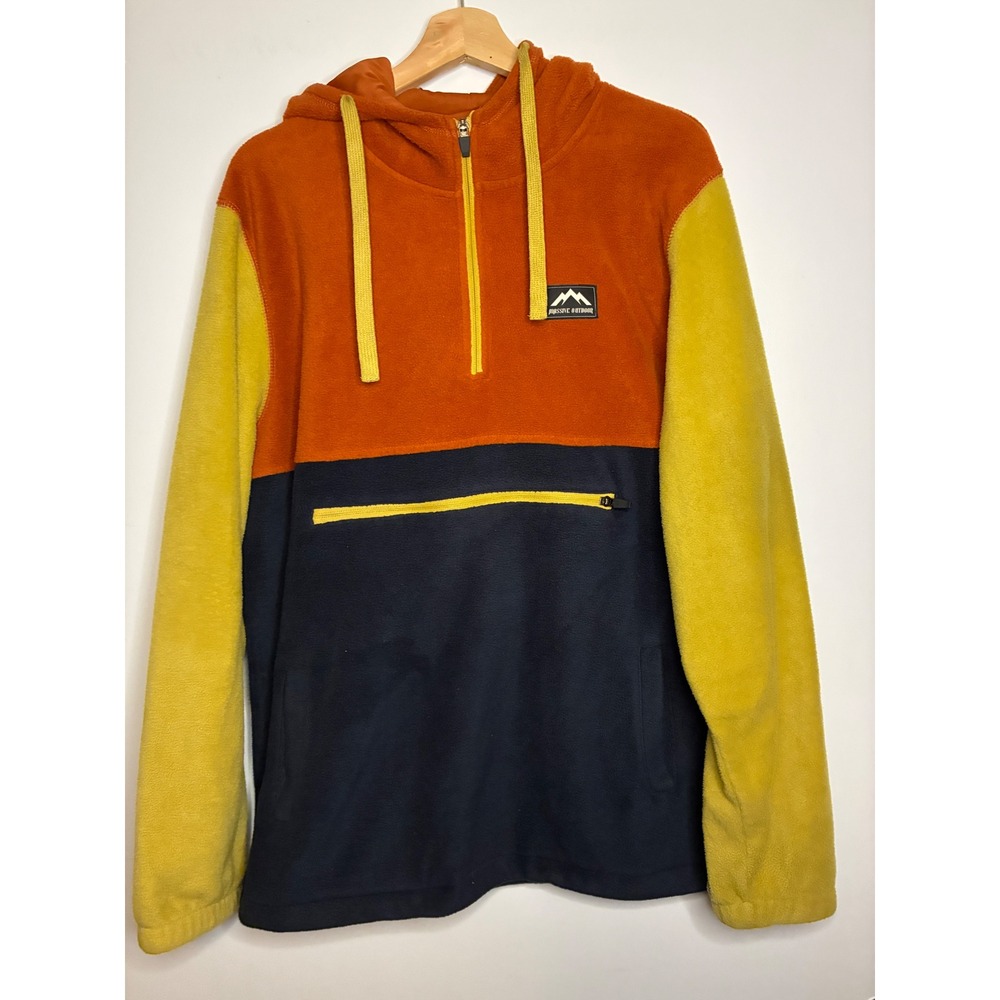 Massive Outdoor Fleece Hoodie Mens Large Orange Navy Yellow Colorblock Pullover